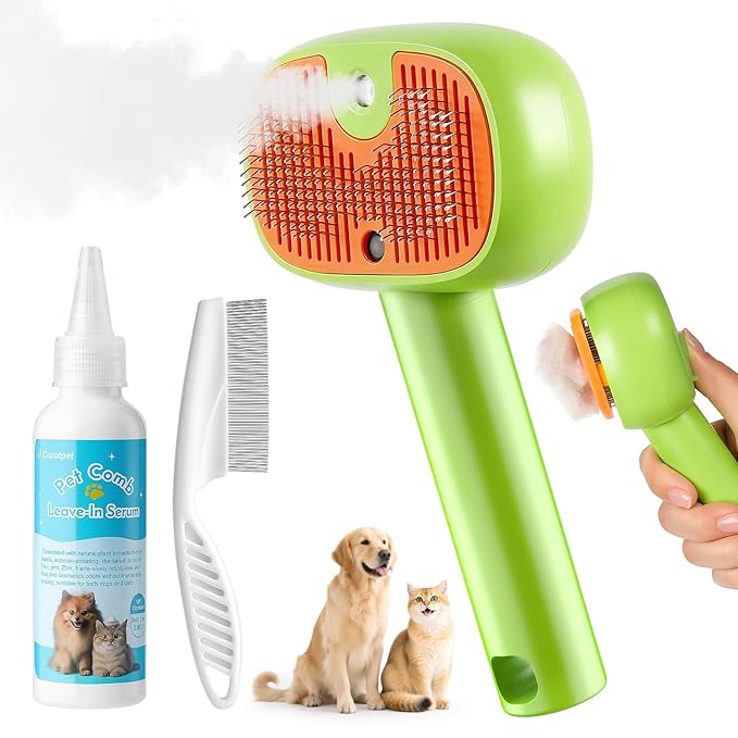Pet Steam Brush for Dog &Cat, 3-in-1 Self-Cleaning Dog Brush Pet Spray Hair Removal Comb, 2 Spray Modes Rechargeable Deshedding Dog Steam Spray Hair Brush for Shedding Massaging Cleaning (Green)