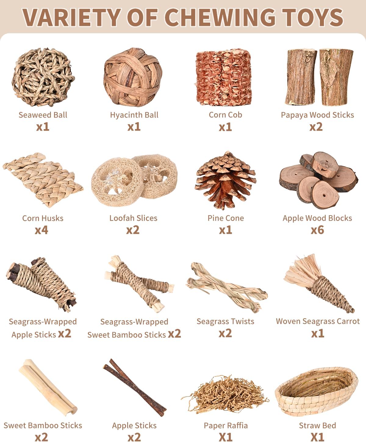 31PCS Rabbit Chew Treat Toys for Teeth Health, Natural Bunny Enrichment Toys for Boredom & Stress Relief, Keep Busy Toys for Guinea Pig Chinchilla Hamster Rat Gerbil Degu Indoor Outdoor