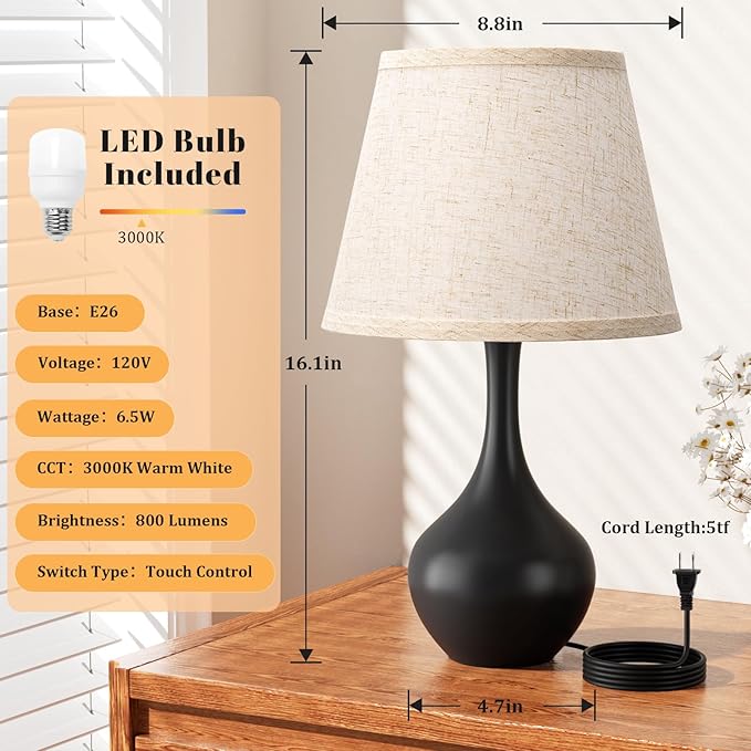 Seealle 16.1" Touch Table Lamps for Nightstand, 3-Way Dimmable Small Bedroom Lamps for Night Stands, Black Bedside Lamps for Living Room, Kids Room, End Table