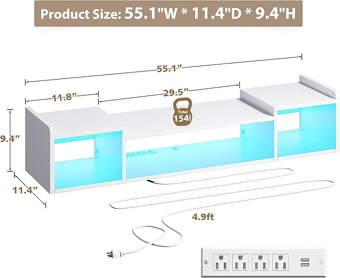 55.1"W Floating TV Stand with LED Lights & Power Outlets