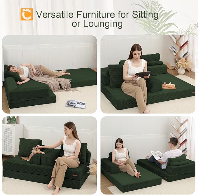 COMAX Convertible Sofa Bed, Folding Floor Couch Corduroy Fold Out Couch Bed Futon Sleeper Mattress with Pillows, Boneless Sofa Comfy Lounge Loveseat for Living Room Bedroom, Green