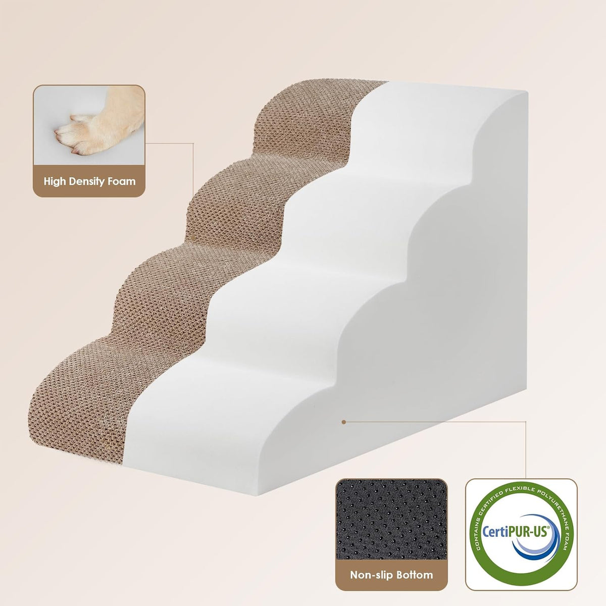 EHEYCIGA Curved Dog Stairs Ramp for High Beds 19.7" H, 4-Step Dog Steps for Small Dogs and Cats, Pet Stairs for High Bed Climbing, Non-Slip Balanced Pet Step Indoor, Camel