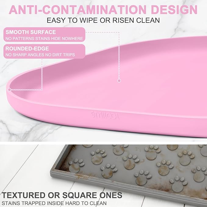 SMILOOL Waterproof Silicone Pet Food Mat with Raised Edge for Dog & Cat | 19" x 12" Non-Slip Pet Feeding Mats with Lip for Food & Water Bowl, Food Grade, Easy Cleaning, Pink