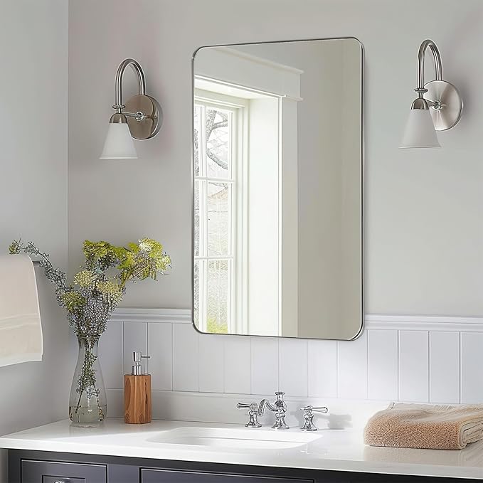 ANDY STAR Chrome Bathroom Mirror, 24”x40” Polished Nickel Rounded Corner