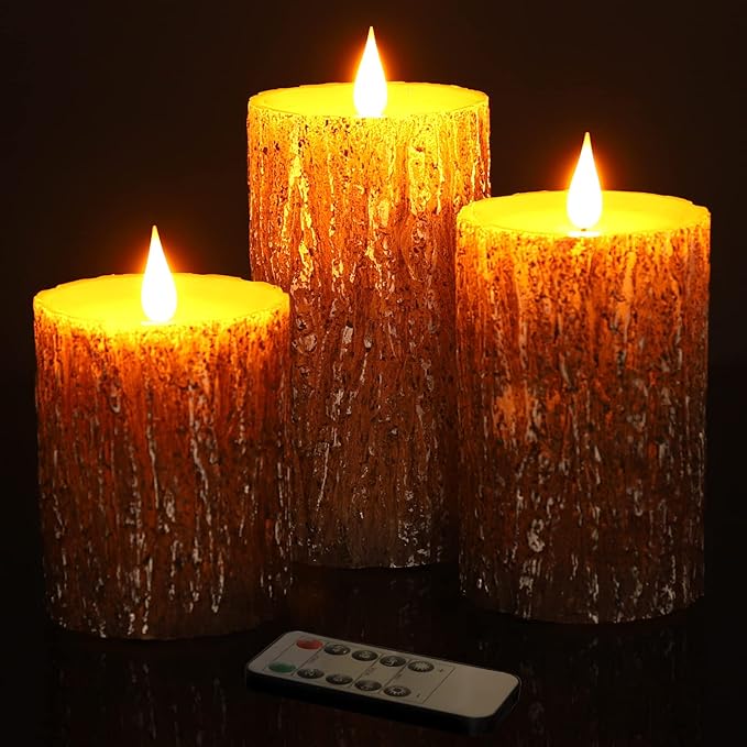 Flameless Candles Battery Operated Pillar Pine Effect Real Wax Flickering 3D