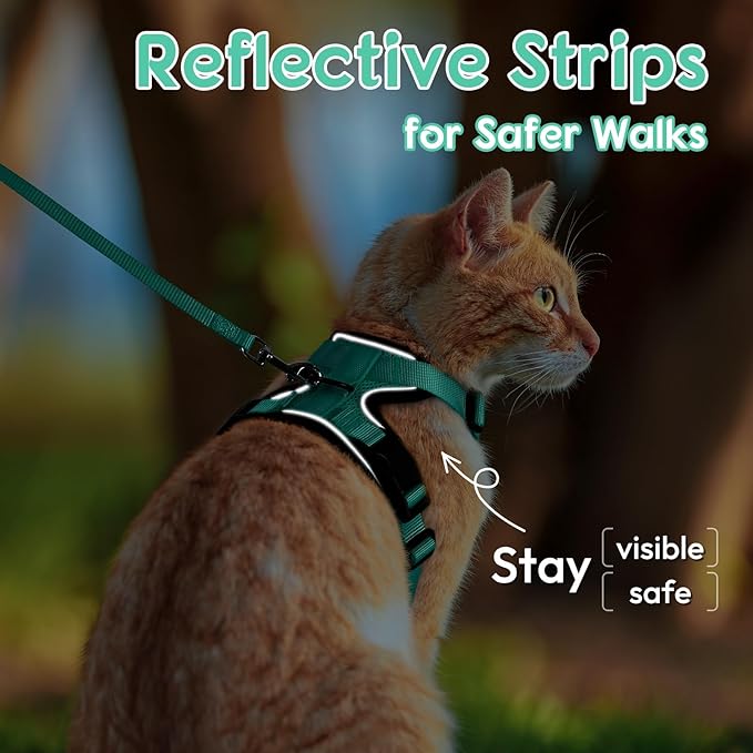 Dooradar Cat Harness and Leash Set, Escape Proof Safe Adjustable Kitten Vest Harnesses for Walking, Easy Control Soft Breathable Mesh Jacket with Reflective Strips for Cats, Green, XS