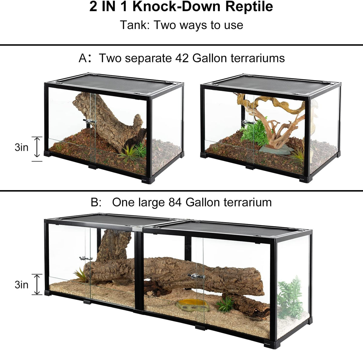 REPTIZOO 84 Gallon Large Reptile Terrarium Extra-Long 60" x 18" x 18" Spliceable Glass Reptile Tank, Double Top Cover Enclosure Habitats