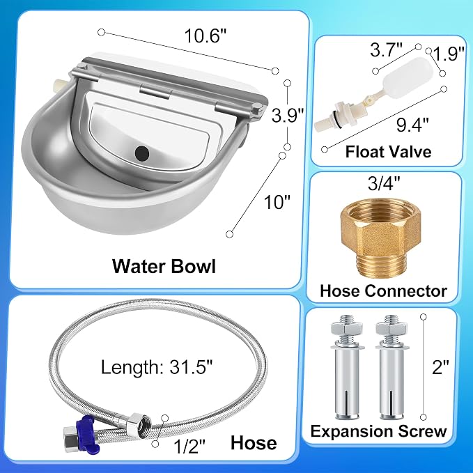 ToLanbbt Automatic Animal Dispenser Horse Water Bowl with Float Valve Stainless Steel Goat Waterer Feeder Outside Water Trough for Livestock Auto Fill Dog Watering Bowl with 1/2" Hose, Drainage Hole