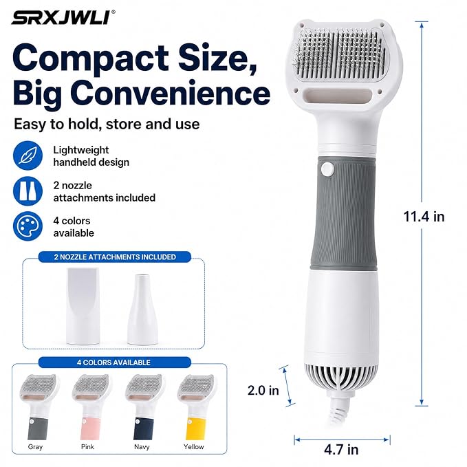 3 in 1 Pet Hair Dryers And Comb Brush High Velocity Blower for Dog Grooming | Portable Quiet Handheld Slicker with Steam Deshedding Intelligent Airflow System for Cats, Puppies and Professional(Yellow)