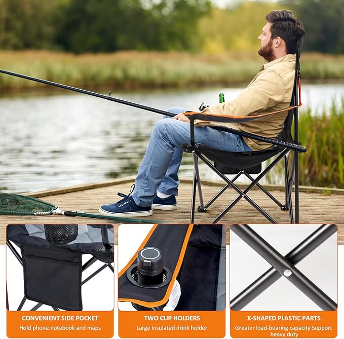EMERIT 2 Pack Oversized Padded Camping Chair, 350LB Heavy Duty Quad Fold Chair with Arms, Collapsible Outdoor Chairs with Lumbar Back & Cup Holder