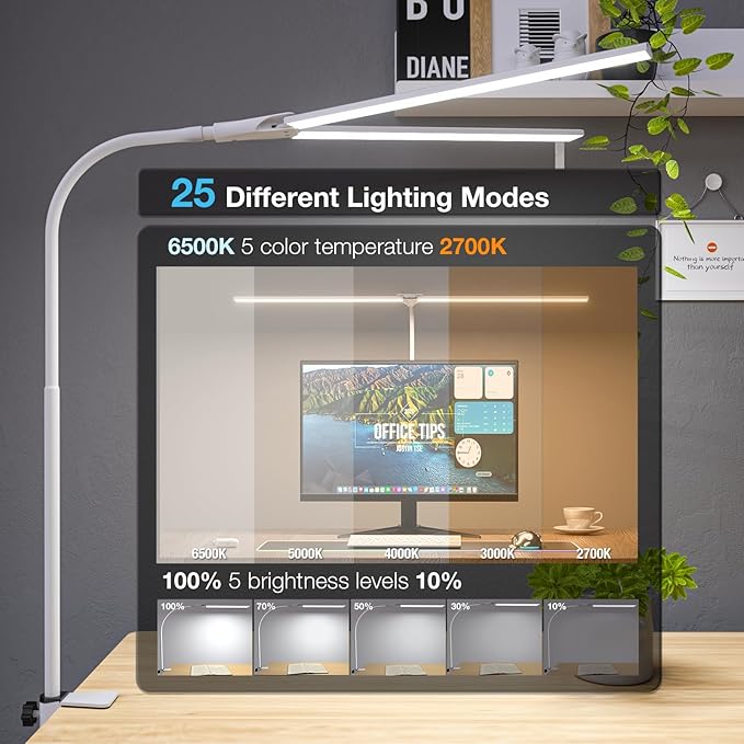 LED Desk Lamp, 31.5'' Wide Double Head Desk Lamps for Home Office, Dimmable 25 Lighting Modes 16W 1800lm Bright Desk Lighting, Eye Caring Architect Table Lamp for Workbench Monitor Study, White
