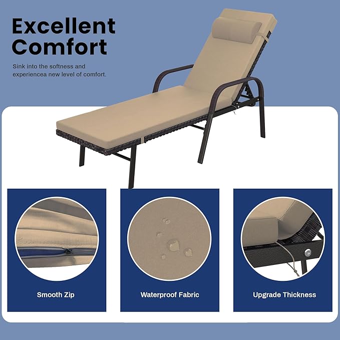 Trumbeak Patio Chaise Lounge Set 3 Pieces Pool Lounge Chairs,Cushioned Outdoor Folding Lounge Chair w/Arm and Rattan Adjustable Backrest for Poolside Porch,Folding Table Included,Sand
