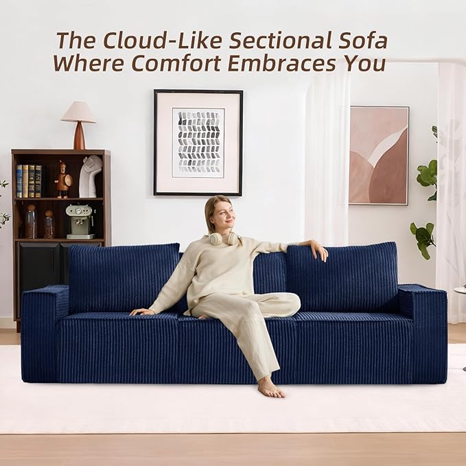 102” Boneless Modular Couch, 3 Seater Cloud Sofa for Living Room, Modern Sectional Sofa with Deep Seat, Comfy Fluffy Loveseat Couch, No Assembly Required,Blue
