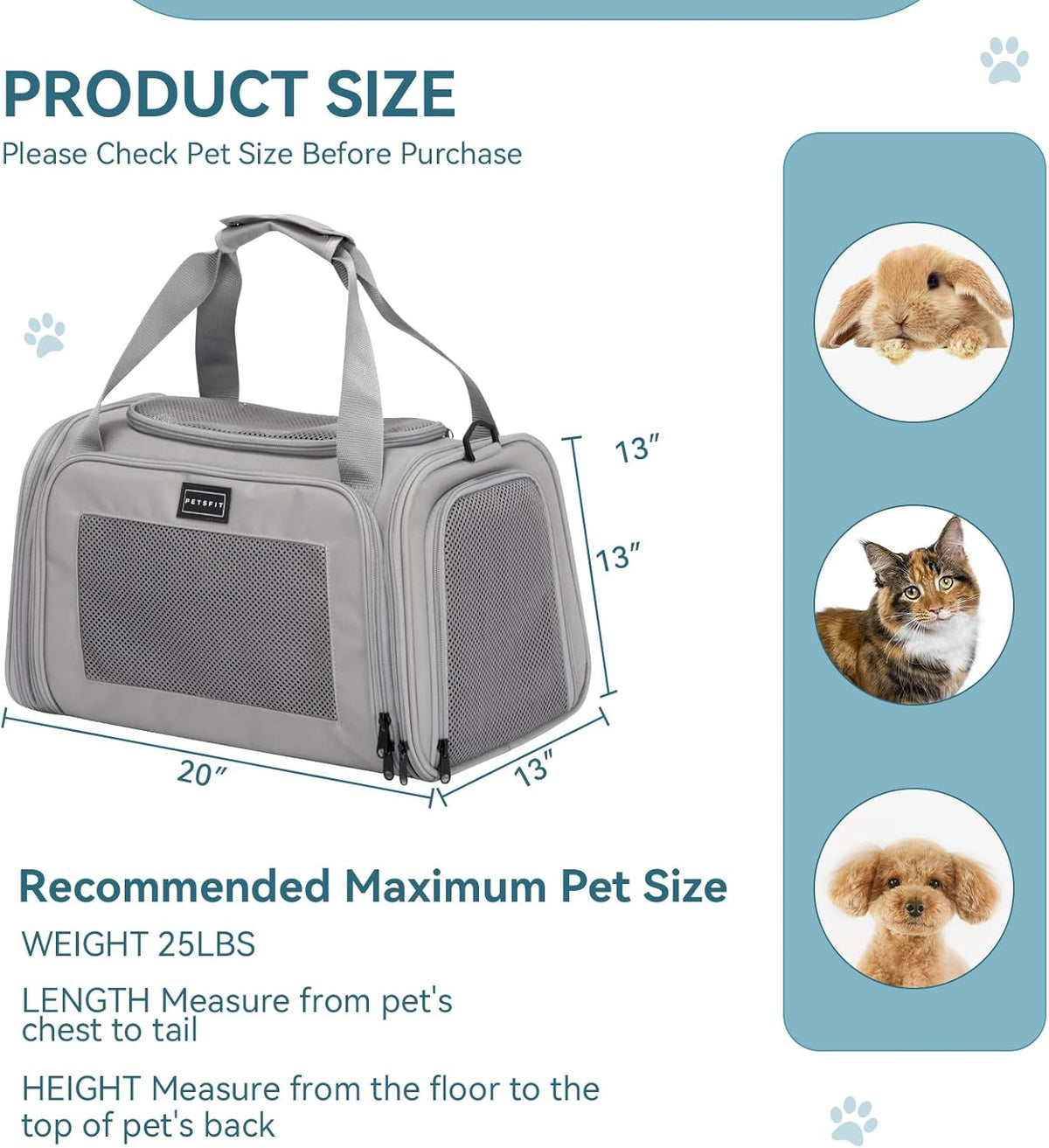 PETSFIT Dog Carrier Cat Carriers for Puppies, Medium Cats up to 25Lbs, Travel Soft Sided Pet Carrier (Large, Grey)