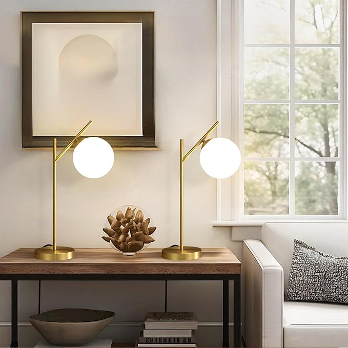 Mid Century Modern Table Lamp, 1 Light Brass Glass Globe Bedside Lamp, Contemporary Metal Table Lamp with Milky White Glass shadefor Bedroom Living Room Study Room