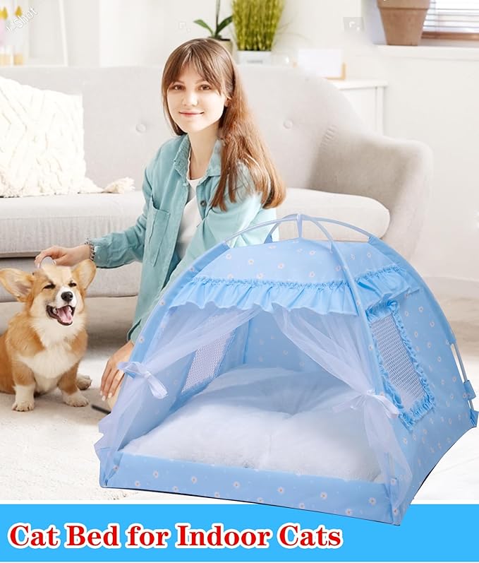 Cat Princess Bed Tent House - Kitty Cute Beds Indoor,Small Dog House Indoor/Outdoor Cave Nest Bed Small Dog Tent for Cat,Puppy Tents (15.7"x15.7"x14.5"/Blue)