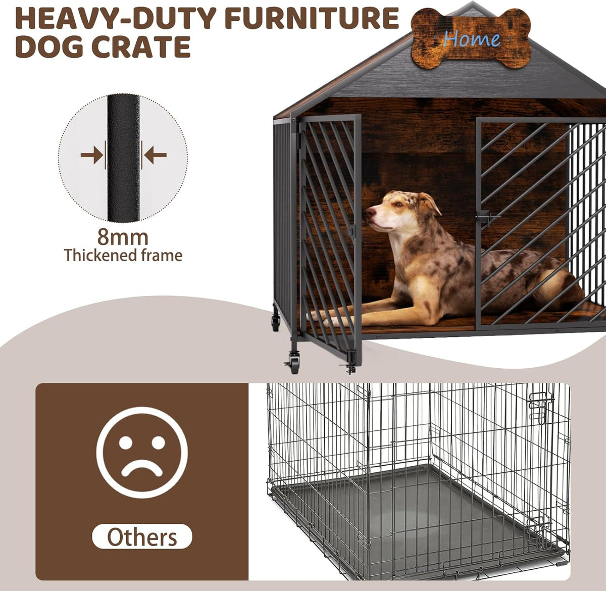 Heavy Duty Dog Crate Furniture for Large Breed - 39.4" Chew-Proof Kennel with Gable Roof, Double Door Escape-Proof Indoor Dog Cage, Rustic Brown