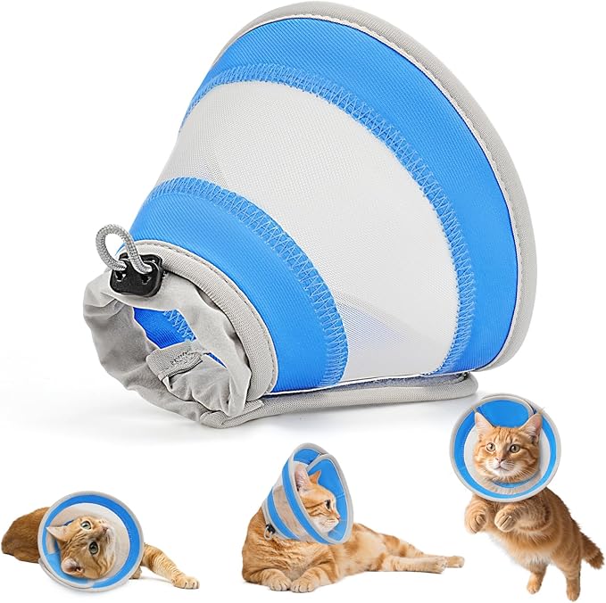 Breathable Air Mesh Cat Cone Collar Soft to Stop Licking, Adjustable, Foldable Lightweight Kitten Cones After Surgery Recovery for Cats & Kittens (Light Blue, S)