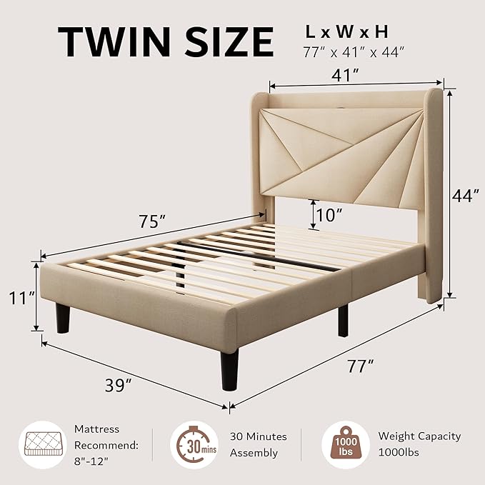 iPormis Twin Size Bed Frame with Charging Station, Linen Platform Bed Frame with Wingback Headboard Upholstered Bedframe, Solid Wood Slats Support, No Box Spring Needed, Easy Assembly, Beige