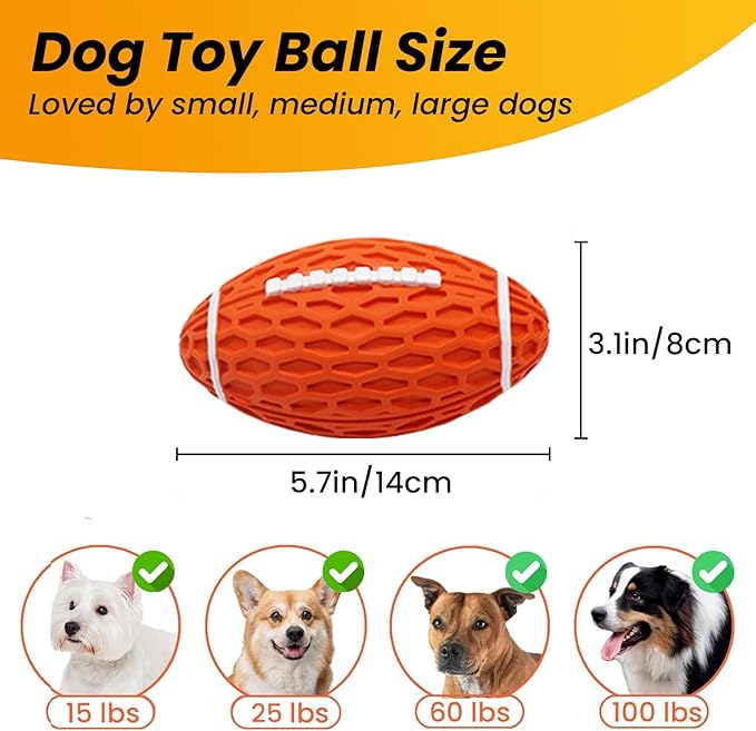 Squeaky Dog Football Toy, Rubber Dog Ball Toy for Aggressive Chewers, Tough Fetch Ball, Durable and Interactive for Medium Large Dogs, Orange, Large