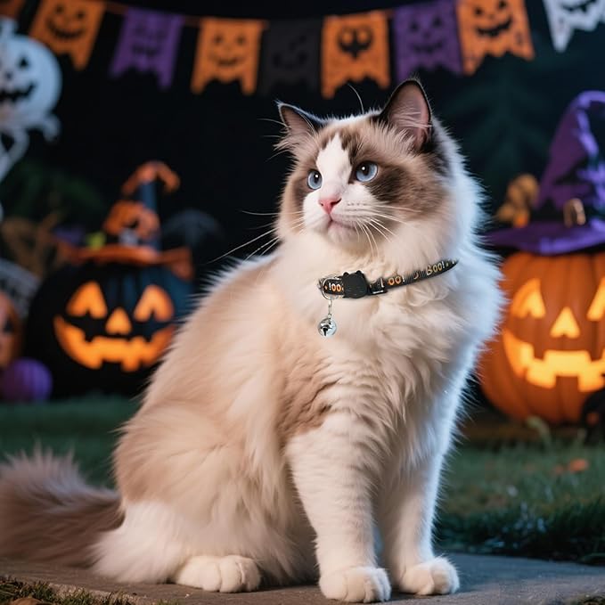 Halloween Cat Collar with Bell, Adjustable Comfortable Kitten Halloween Collar Breakaway, Boo! Patterns Safety Holiday Cat Collars for Boys Girls,Kitten,Puppy Black (7.5"-12.5")