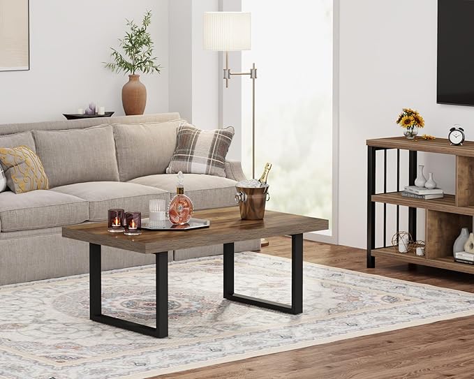 IBF Farmhouse Coffee Table, Modern Simple Wood Coffee Tables for Living Room, Industrial Minimalist Rectangle Center Table, Wood and Metal Tea Coffee Table for Home Office Bedroom, Rustic Oak, 39 in