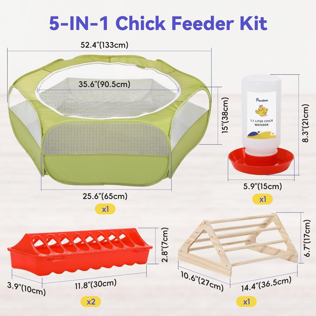 Pawaboo 5-in-1 Chicken Brooder Box for Chick Starter Kit, Includes Pet Cage Tent, Chicks Perch, Chick Feeder, 1.1L Chick Waterer, Baby Chick Supplies (Brooder Set), Green + Red + Wood Color