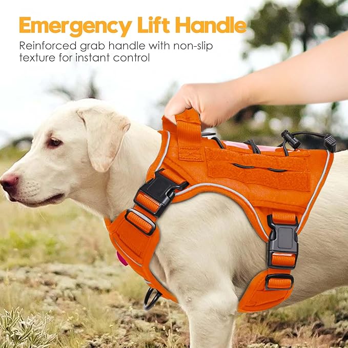 Heavy-Duty Tactical Dog Harness for Large Dogs, No Pull Adjustable Reflective Pet Vest with Molle System, K9 Military-Grade Control for Service Training, Outdoor & 10+ Breeds, Orange, Large
