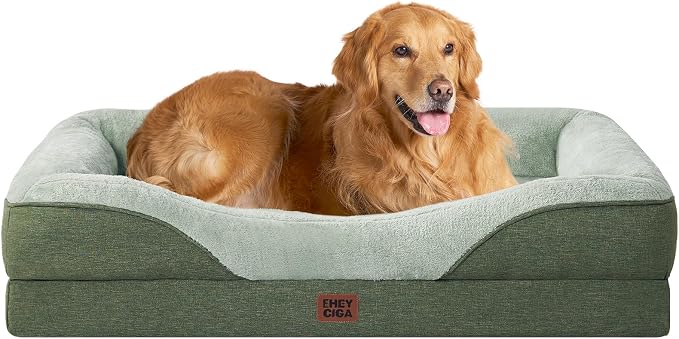 EHEYCIGA Orthopedic Dog Bed for Large Sized Dog, 45x35 Inch Large Memory Foam Dog Couch Bed with Sides, Waterproof Liner & Washable Removable Cover, Bolster Pet Sofa, Green