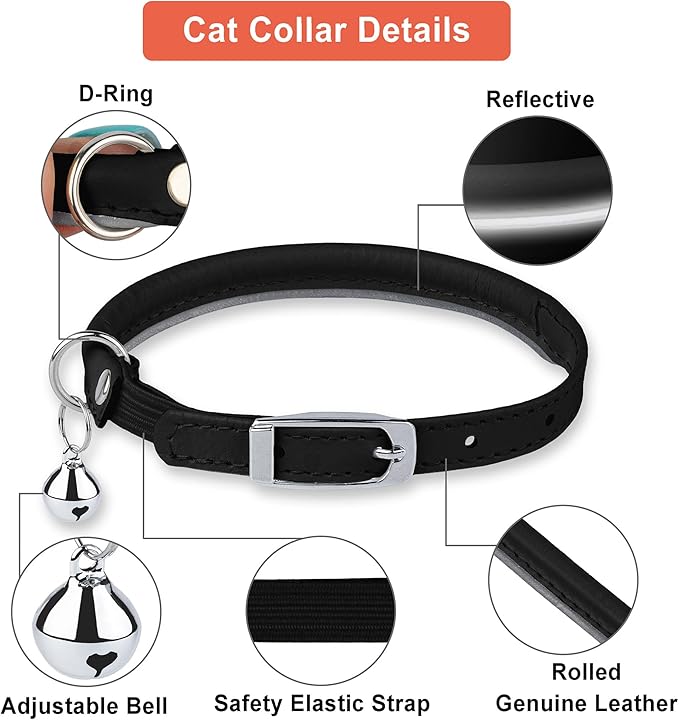 OOPSDOGGY Rolled Leather Cat Collar with Bell, Reflective Kitten Collars with Buckle Include Safety Elastic Strap - Adjustable Small Pet Collars for Boy Girl Cats (Black)