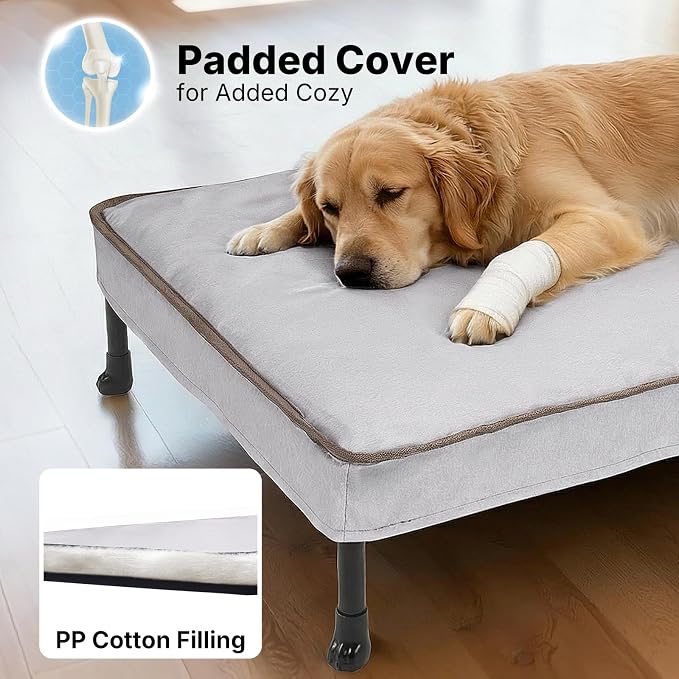 Veehoo Outdoor Elevated Dog Bed with Washable & Waterproof Cushion, Cooling | Large Raised Dog Cot with Removable Cover, Brethable Mesh, Orthopedic Pet Bed for Indoor & Outdoor, 49" x 32", Dark Grey