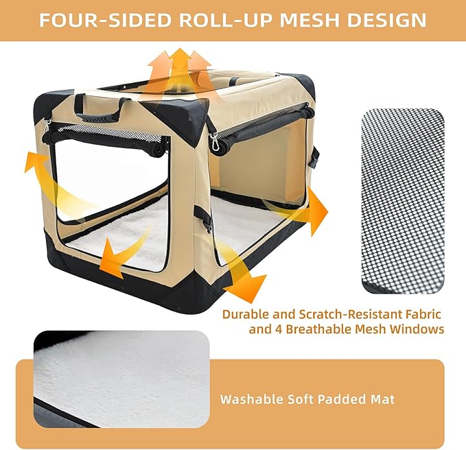 Pettycare 30 Inch Collapsible Dog Crate for Medium Dogs, 4-Door Foldable Soft Dog Kennel with Chew Proof Mesh Windows, Indoor & Outdoor Travel Dog Crate, Beige