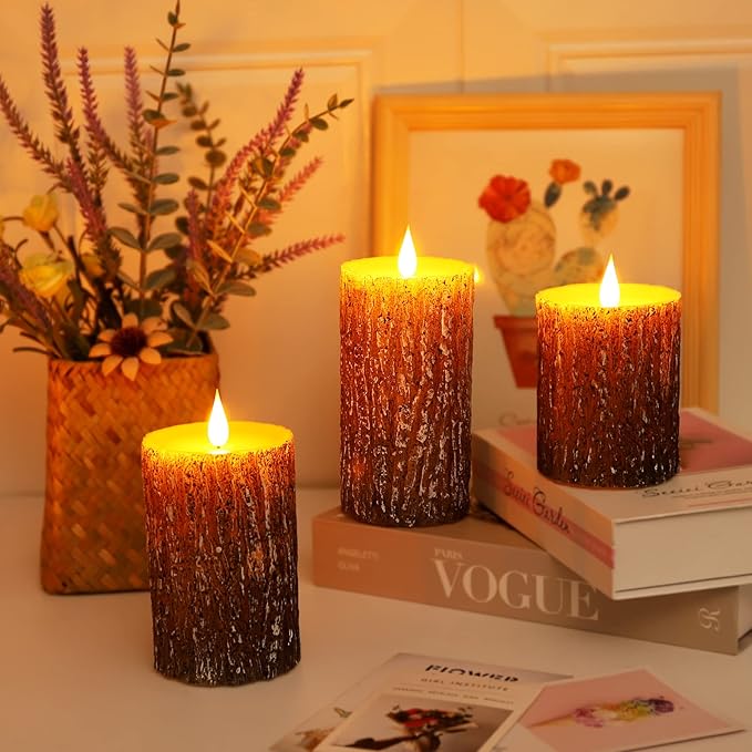 Flameless Candles Battery Operated Pillar Pine Effect Real Wax Flickering 3D
