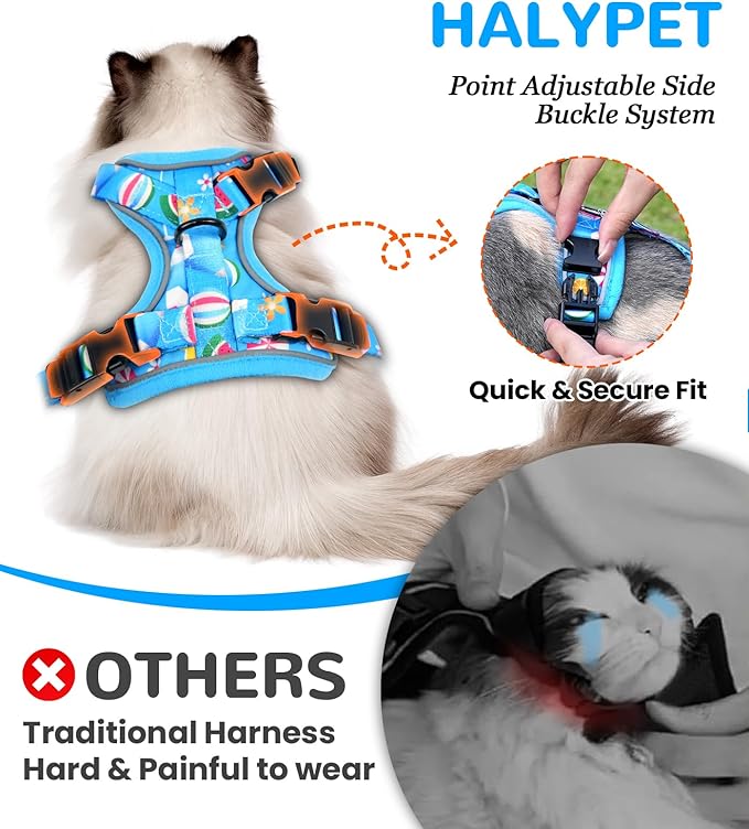 Halypet Cat Harness and Leash Set for Walking, Escape Proof Adjustable Vest Harness with 3-in-1 Integrated Buckles, Easy Control Soft Breathable Mesh with Reflective Strips for Cats, XS, Ocean Blue