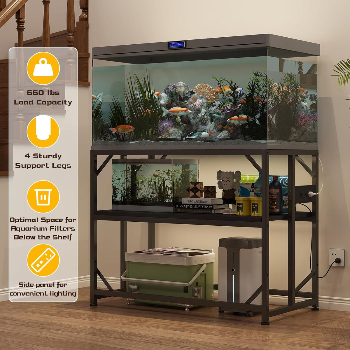 Sturdy Metal Aquarium Stand with Power Outlets, Adjustable Storage Cabinet - 660LBS Capacity, Black - Suitable for 40 Gallon Fish Tank, Turtle Tank, Fish Tank Accessories - Perfect Fish Tank Stand for Organization and Convenience