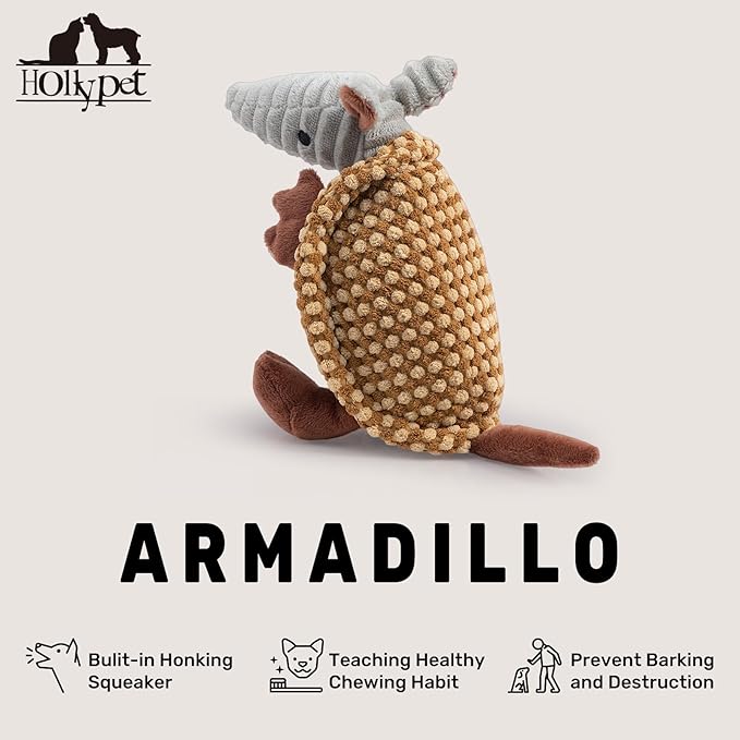 Hollypet Plush Dog Squeaky Toy Stuffed Armadillo Animal Pet Puppy Chew Toys with Clean Teeth for Small Medium Large All Breed Sizes Dogs, Yellow and Khaki,8 in