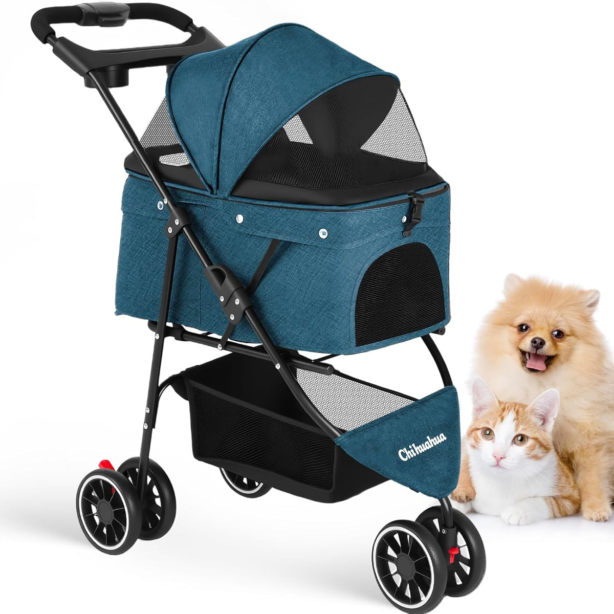 Pet Stroller,Dog Stroller for Small Medium Dogs Cats,3 Wheels,Foldable,with Breathable Mesh Canopy,Cup Holders,Easy Assembly,Green