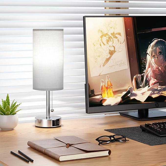 Grey Table Bedside Lamp for Bedroom Nightstand - Small Silver Lamp with USB A + C Charging Port, 3 Color Temperatures Pull Chain Night Stand Light with Bulb, Side Table Desk Lamp for Living Room