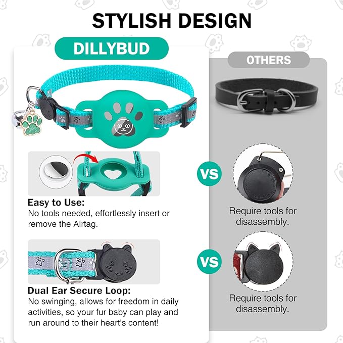 Airtag Cat Collar Breakaway, Reflective Kitten Collar with Bell and Apple Air Tag Holder, GPS Cute Cat Collar, Glow in The Dark Pet Collars for Boy Girl Cats, Kittens, Puppies, Aqua