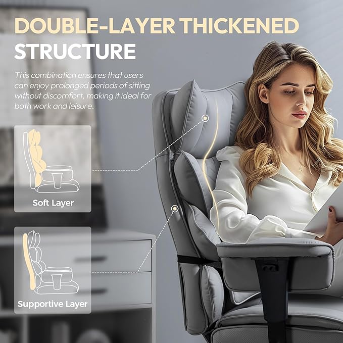 Dowinx Big and Tall Office Chair with Pocket Spring Cushion,High Back Computer Gaming Chairs with Adjustable Armrests and Lumbar Support,Executive Desk Chairs with Footrest(PU Leather,Grey)