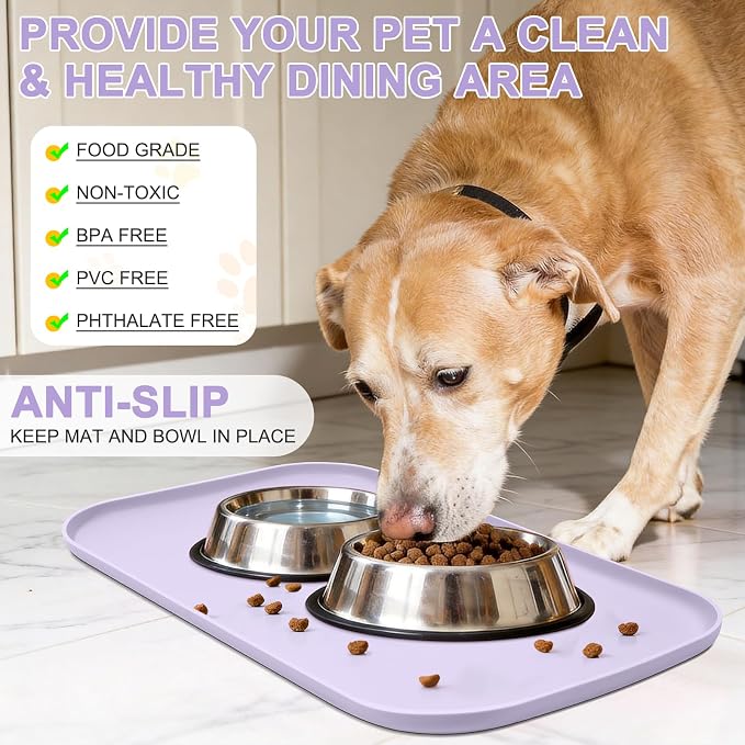 SMILOOL Waterproof Silicone Pet Food Mat with Raised Edge for Dog & Cat | 24" x 16" Non-Slip Pet Feeding Mats with Lip for Food & Water Bowl, Food Grade, Easy Cleaning, Light Purple