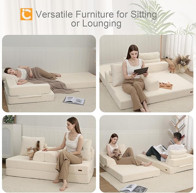COMAX Convertible Sofa Bed, Folding Floor Couch Corduroy Fold Out Couch Bed Futon Sleeper Mattress with Pillows, Boneless Sofa Comfy Lounge Loveseat for Living Room Bedroom, Beige