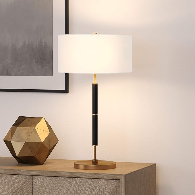 Henn&Hart 25" Tall 2-Light Table Lamp with Fabric Shade in Black/Brass/White, Lamp, Desk Lamp for Home or Office