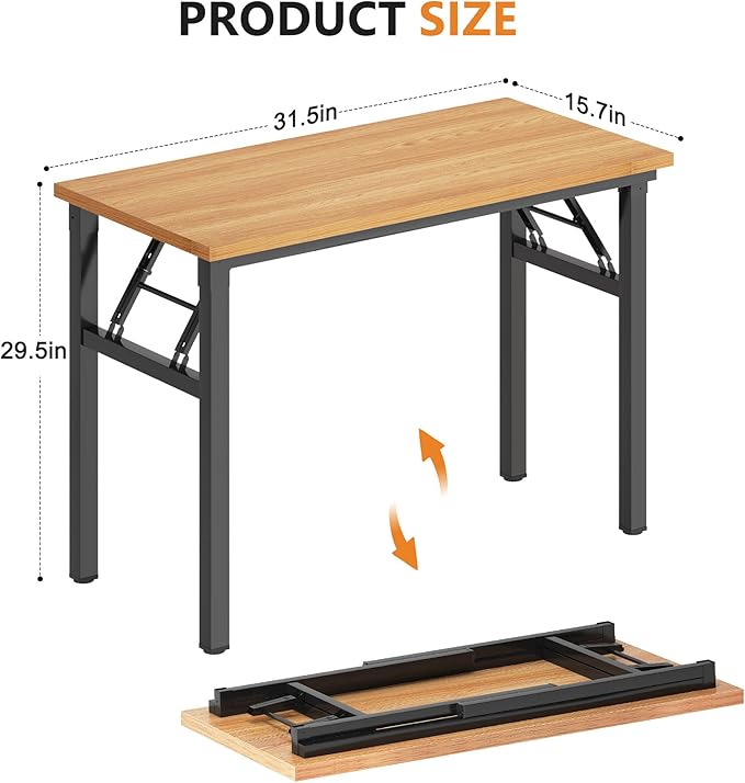DlandHome Folding Desk Small Desk 31.5 inches Computer Desk for Home Office Folding Table Writing Table for Small Spaces No Assembly Required Teak & Black Frame