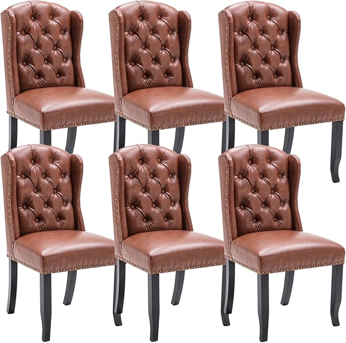 DUOMAY Modern Tufted Dining Chairs Set of 6, PU Leather Upholstered Dining Room Chairs Armless Guest Side Chair for Kitchen Dining Room, Wingback Accent Chairs with Solid Wood, Brown