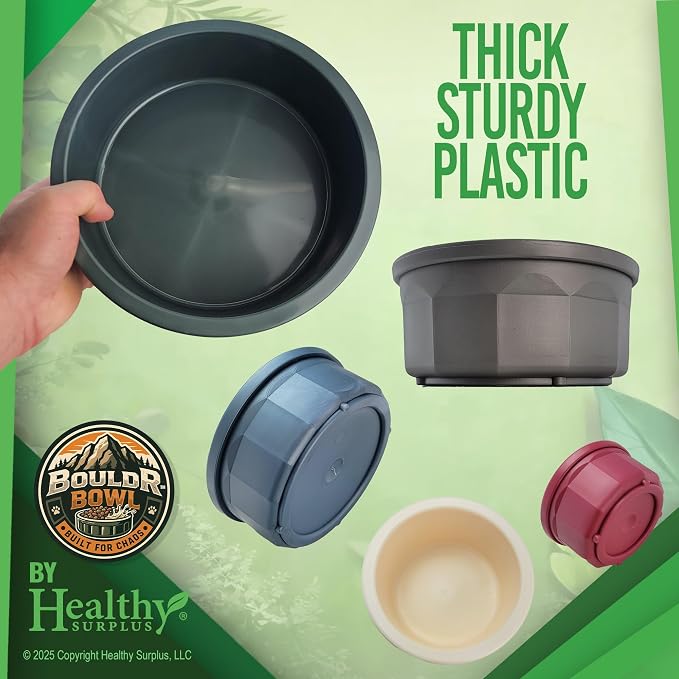 Pet Crock Bowl - 2 Pack – Thick Durable Plastic (Blue, 48oz Large) Non-Tip Food & Water Dish for Dogs, Cats - Indoor/Outdoor - Chew Resistant, Easy Clean BouldrBowl from Healthy Surplus®