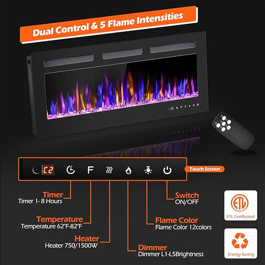 36" Electric Fireplace Wall Mounted and Recessed