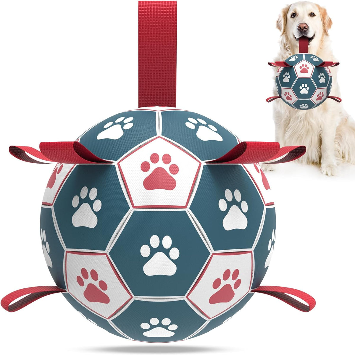 QDAN Extra Large Soccer Ball with Straps, Interactive Dog Toys for Tug of War, Puppy Birthday & Water Toy, Large Dog Balls - Blue & Red (9 Inch)