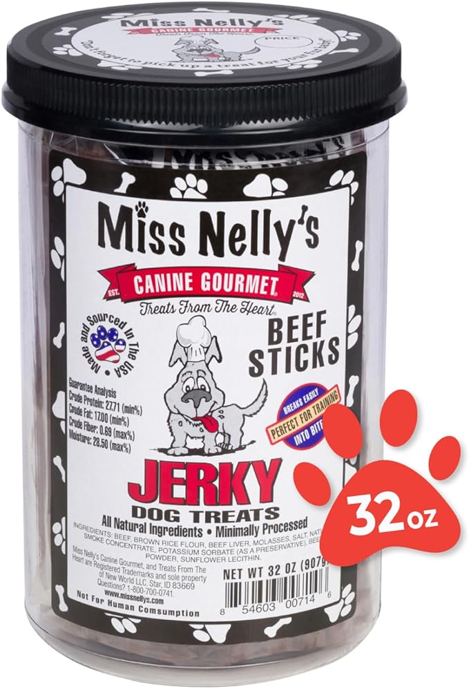 Miss Nelly's- All Natural Beef Jerky Dog Treats Made in USA Only-Original Smoke House Recipe-Minimally Processed Soft Sticks Dog Jerky Treats-32 oz. Jar