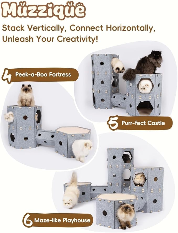 2-Storey Cat Cube, for Indoor Cats&Small Dogs, with Hair Brush, Without Tunnel, DIY Large Expandable Modular Felt Pet House, Stackable Kitten Perch Nest, Peekaboo Kitty Cave, Washable Puppy Condo Bed
